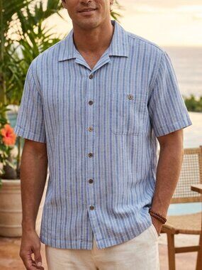 Island Shores Men's XL Linen Blend Blue White Striped Camp Shirt Vacation